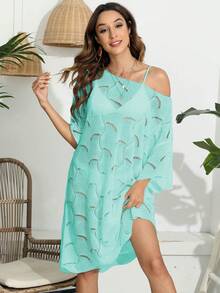 Vestido de Mujer, Moda Europea y Americana, Sexy, Hombros Descubiertos, Tejido Calado, para Playa, Bikini, Verano 2026, Ropa Exterior Adelgazante - Azul cielo - Ver 2