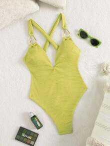 Swim Vcay Women's Hollow-Out Textured Cream Yellow Metallic Decor Bandeau One-Piece Swimsuit And Beach Outfit, Summer - 黑色 - 查看 7