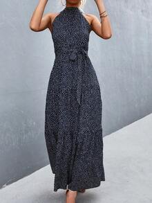 xheBreezaya Vestido halter de lunares con lazoxhe - Azul marino - Ver 3
