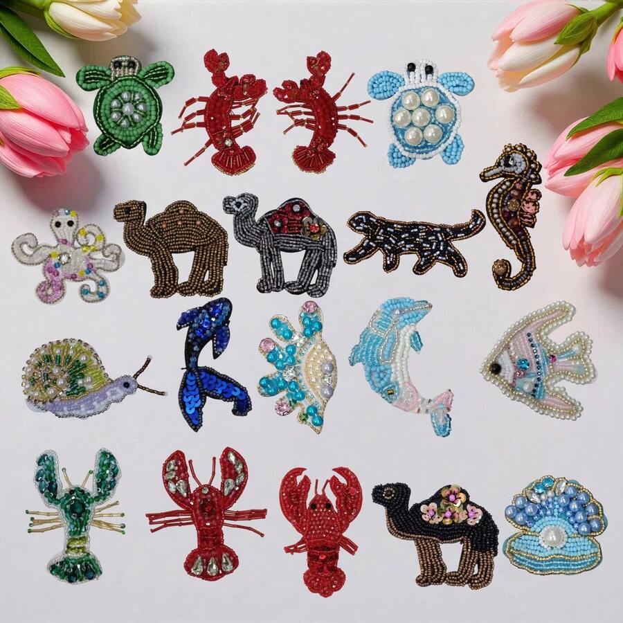 手工串珠海洋動物套組,蝦子、貝殼、海龜,刺繡貼布DIY,包包配件,適合任何季節的禮物,服飾用品 - 彩色 - 查看 1