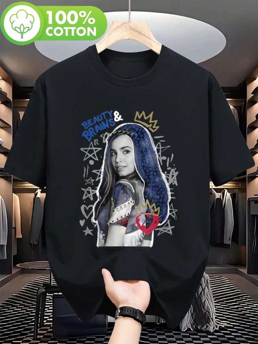 Trendig oversized T-shirt, med avslappnad halsringning och anime-tryck, lämplig för både män och kvinnor. Dessa officiella filmmerchandise-produkter har motiv med kronor, stjärnor och hjärtan. Streetwear-kläder T-shirts Dam Sommarblusar Dam Sweatshirts Dam Kortärmade T-shirts Dam Strandkläder  dam - Svart - Visa 1