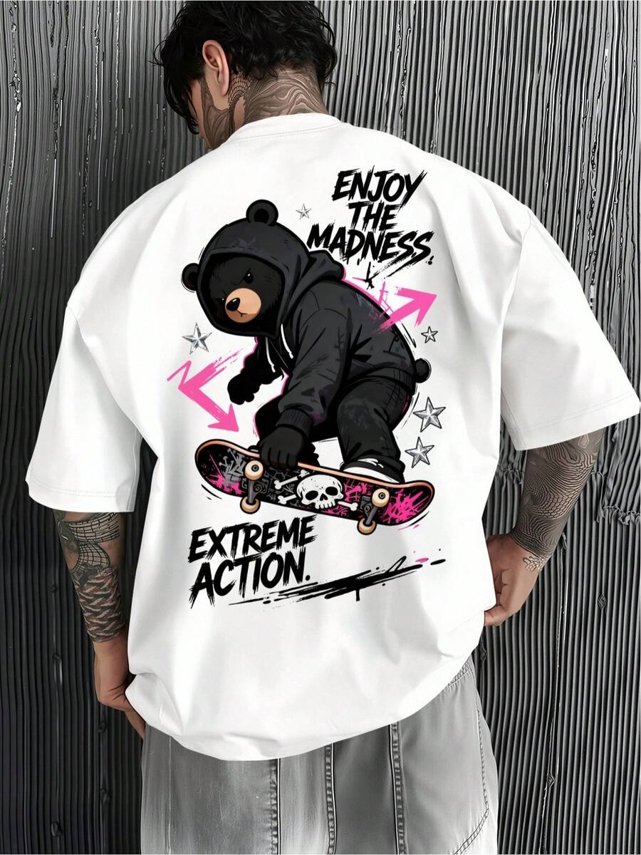 1 pieza de camiseta de hombre 100% algodón puro, estilo urbano, con estampado de oso, grafiti y letras, vibrante y juvenil, una prenda esencial para los chicos amantes del skateboarding. - Blanco - Ver 1