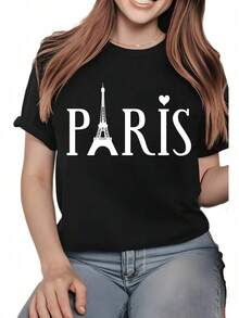 Camiseta con estampado gráfico de París para mujer Camiseta casual de manga corta 1 pieza 100% algodón pesado Cómodo cuello redondo, camisetas suaves y adorables Tops - Negro - Ver 10