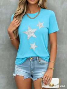 Camiseta Casual de Mujer con Estampado de Estrellas Brillantes, Manga Corta de Verano, para Uso Diario, Ajuste Holgado y Cómodo, Camisetas de Moda - Azul - Ver 7