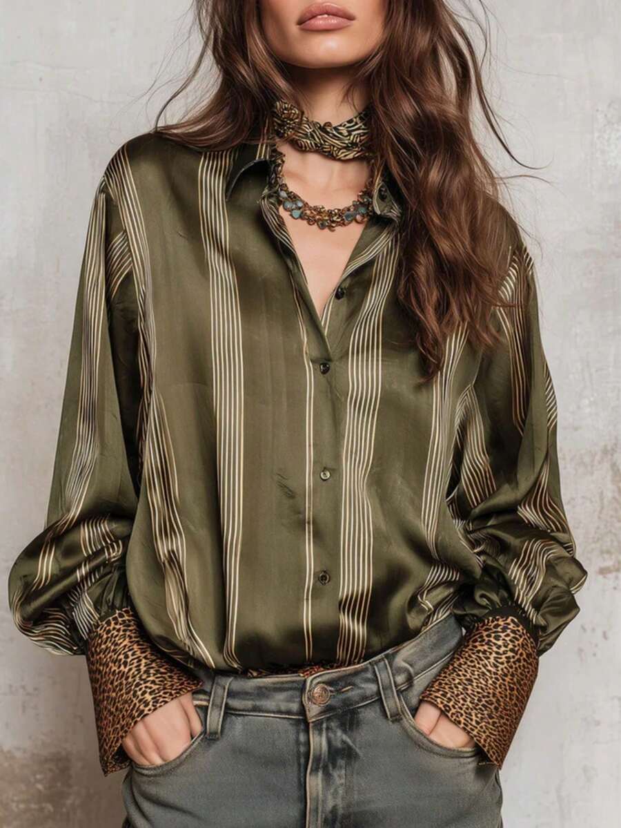 女款優雅休閒條紋印花拼接設計四季通勤襯衫 - 墨綠色 - 查看 1