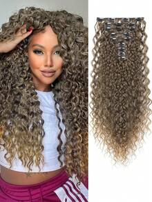 Extensiones de clip de cabello rizado de fibra sintética marrón, 9 piezas de doble capa, juego de paquetes de cabello rizado de fibra sintética resistente al calor para cabeza completa - Multicolor - Ver 3