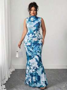 2025 Nuevo vestido midi elegante de cintura alta con estampado floral, cuello alto y sin mangas; Vestido midi de línea A con cintura ceñida y estampado floral; Vestido largo con volantes y estampado floral de estilo francés chic que estiliza la figura; Vestido de verano de estilo vacacional con cintura ceñida; Vestido de punto con estampado floral - Morado - Ver 2