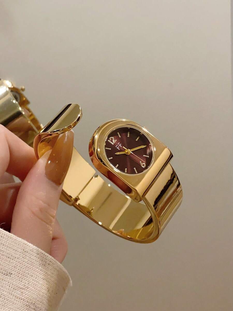 1 件女士椭圆形银黑色方形金色表盘石英休闲手表,适合日常佩戴 - 酒紅色 - 查看 1