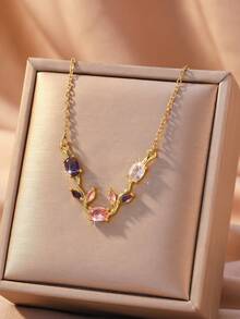 1件极简镀金铜郁金香叶项链，适合女性日常佩戴及各种节日珠宝礼品 - 金色 - 查看 1