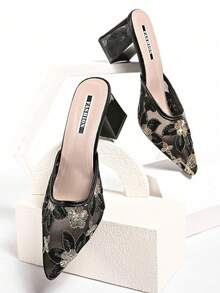 New Chinese Style White High Heel Mules, Pointed Toe Lace Embroidery Convertible Sandals For Women - Black - View 4