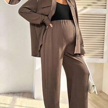 2 piezas Conjunto de maternidad: Camisa de manga larga con botones de unicolor y pantalones con cintura ajustable, informal - Verde militar - Ver 4