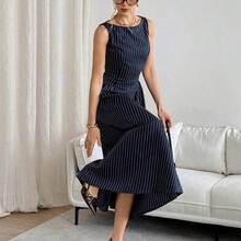 Vestido sin mangas a rayas para mujer, de moda para ir al trabajo en verano - Azul - Ver 7