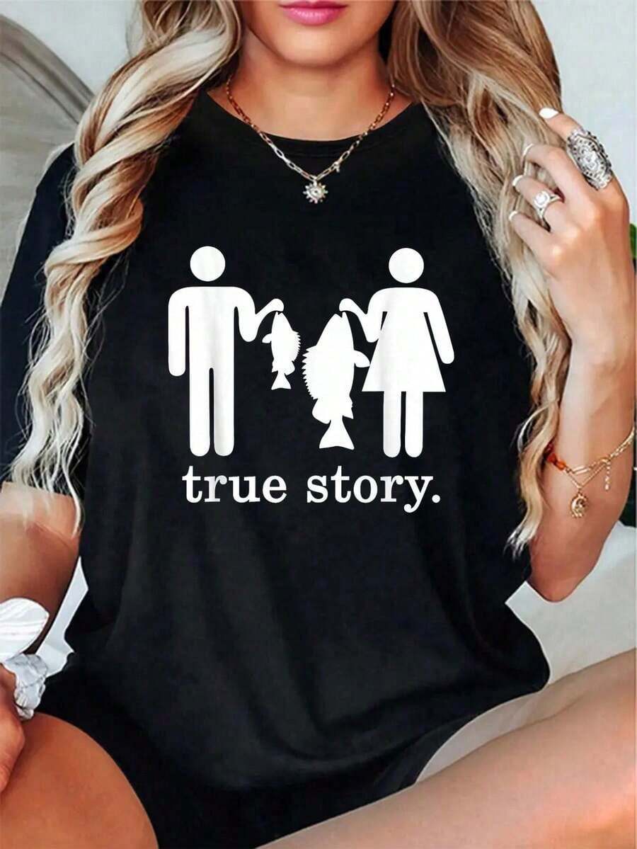 Fishing T-Shirt For Men And Women - True Fishing Story - Round Neck T-Shirt With Christmas Tree Print, 100% Cotton For Autumn, Christmas Top For Women, 100% Cotton - 黑色 - 查看 1