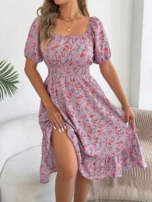 Women's Casual Vacation Elastic Drawstring Short Sleeve Ditsy Floral Dress, Spring/Summer Elegant - Mauve Purple - View 5