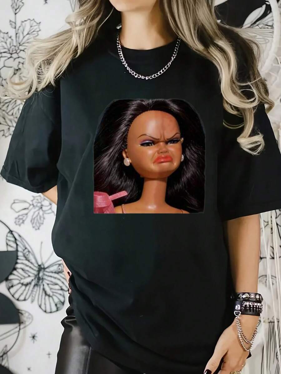 Doll Face Print Digital Print Short Sleeve Unisex Pure Cotton Loose And Comfortable - Black - View 1