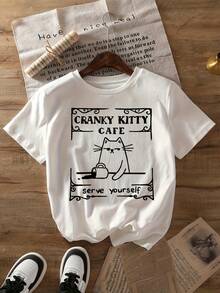Camiseta para mujer en rosa claro para amantes de los gatos - diseño "Cranky Kitty Cafe", con el eslogan "No estoy discutiendo, estoy explicando por qué tengo la razón", diseño de gato lindo y taza de café, camiseta casual de manga corta con cuello redondo suave, adecuada para uso informal. - Blanco - Ver 1