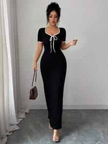 Vestido largo ajustado de manga corta con diseño de lazo en la cintura y cuello de corazón elegante y romántico en color albaricoque, para primavera/verano - Blanco y Negro - Ver 3