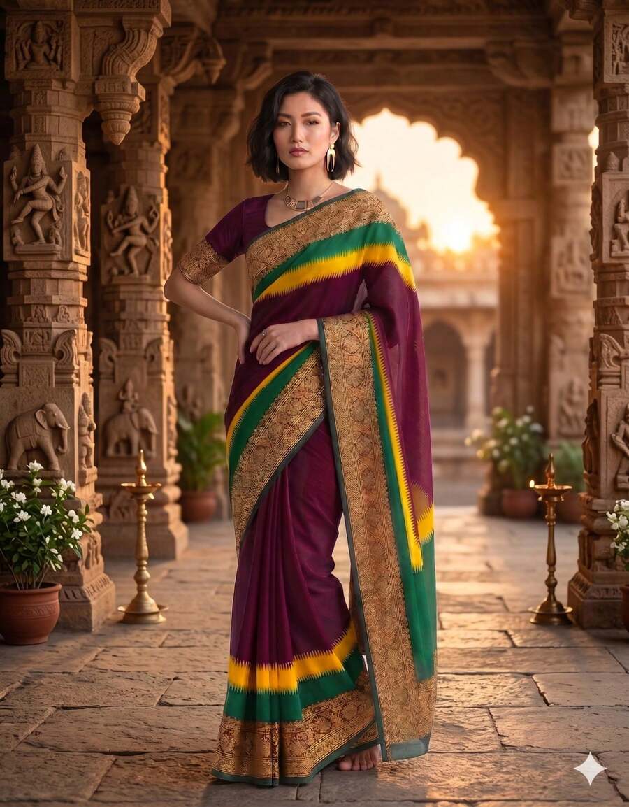 Estationeryhouse Georgette Saree With Gold Border - Wine - View 1