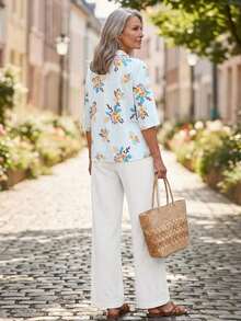 Conjunto casual diario de blusa con cuello en V y estampado floral y pantalones para mujeres de mediana edad y mayores - Multicolor - Ver 2