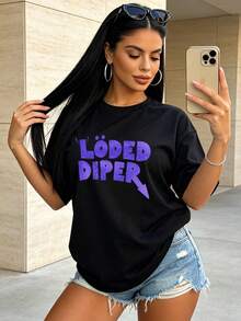Women's Summer Casual Soft Round Neck Short Sleeve T-Shirt,Loded Diper Purple Text Print Graphic Suitable For Spring And Summer.Black - 黑色 - 查看 10