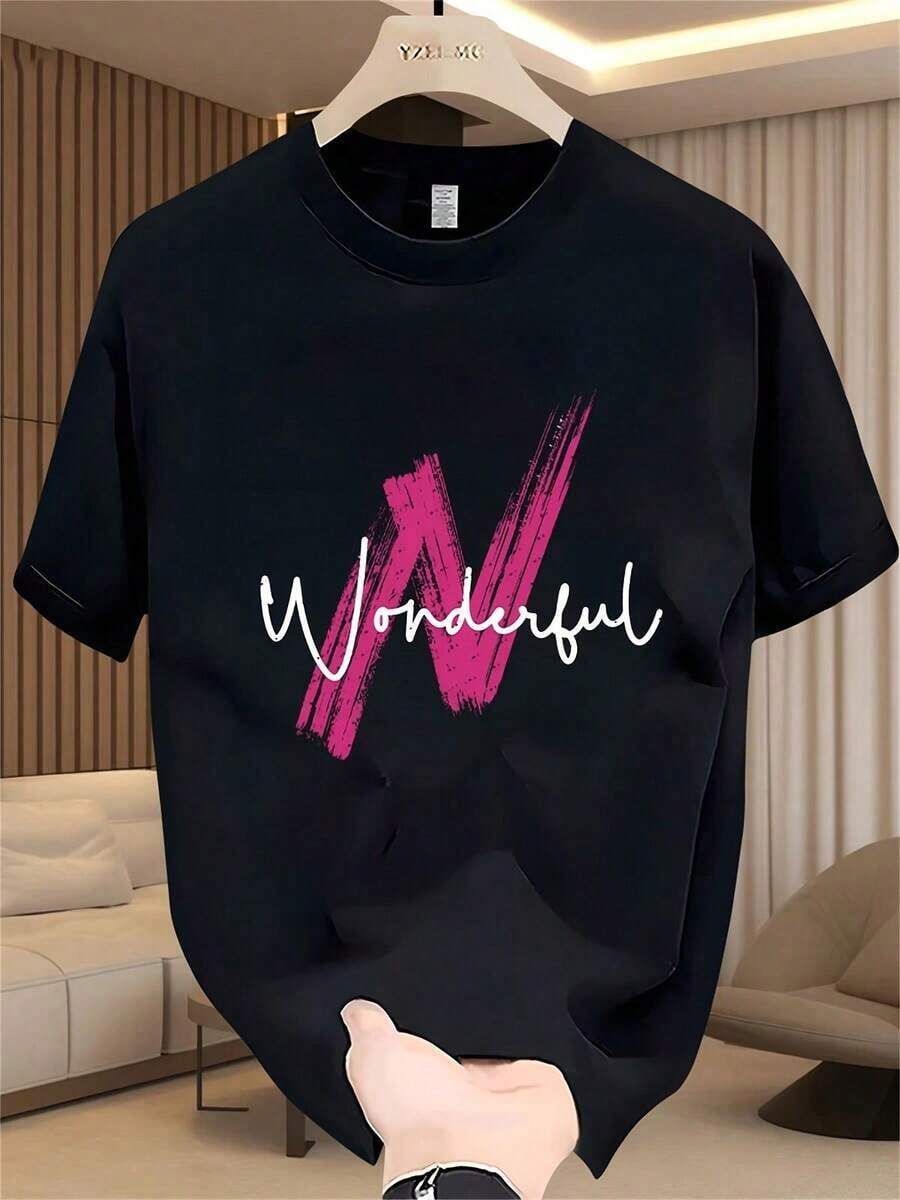 Cool Casual Summer T-Shirt For Men, Printed, Short Sleeve, Heavyweight Pure Cotton, Korean And Japanese Style, Versatile Print For Men. Summer Outfits For Women - 黑色 - 查看 1