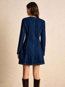 Nuevo vestido de mezclilla con botones en la cintura, estilo vintage, vestido de manga larga, vestido de invierno para mujer, vestido de botones, vestidos de mezclilla para mujer, vestido de mezclilla de manga larga para mujer con curvas, vestidos para mujer, vestidos de mezclilla - Azul lavado oscuro 2 - Ver 2