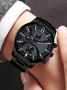 Set de 4 piezas: Reloj casual de negocios para hombre, collar con colgante de cruz, pulsera y anillo, deportivo - Negro - Ver 3