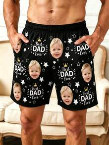 1件男士客製化臉部圖案與「Best Dad Ever」印花黑色休閒短褲，個性化舒適短褲，父親節禮物節日贈禮 - 彩色 - 查看 2