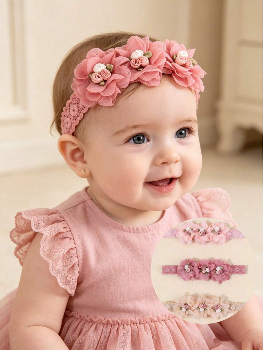 3pcs/6pcs Set Cute European & American Style 3-Flower Chiffon Headbands For Baby Girls, Perfect Gift For Daily Wear - Multicolor - View 1