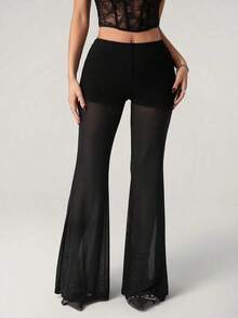 ICON Pantalones acampanados de talle bajo con encaje, de uso elegante y de moda para mujer, inspirados en el estilo y Y2K - Negro 4 - Ver 7