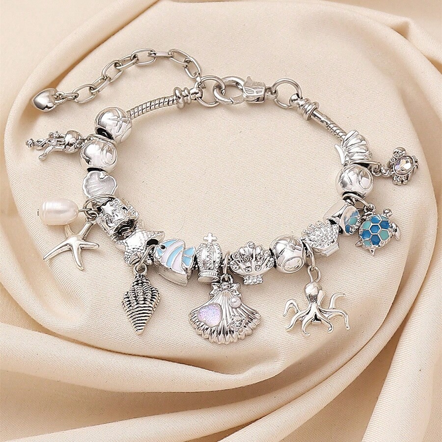 1 pieza Pulsera con cuentas de estilo playa y océano con colgantes de estrella de mar, concha, caracol y tortuga, accesorio versátil con vibra de vacaciones de verano y cadena de serpiente - Pulsera de vida marina - Ver 1