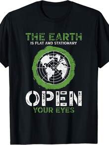 Esta camiseta presenta un diseño que afirma que la Tierra es plana y estática, adecuada tanto para hombres como para mujeres, perfecta para el verano de 2025, con mangas cortas y hecha de tela pura de 220 gramos. - Negro - Ver 1