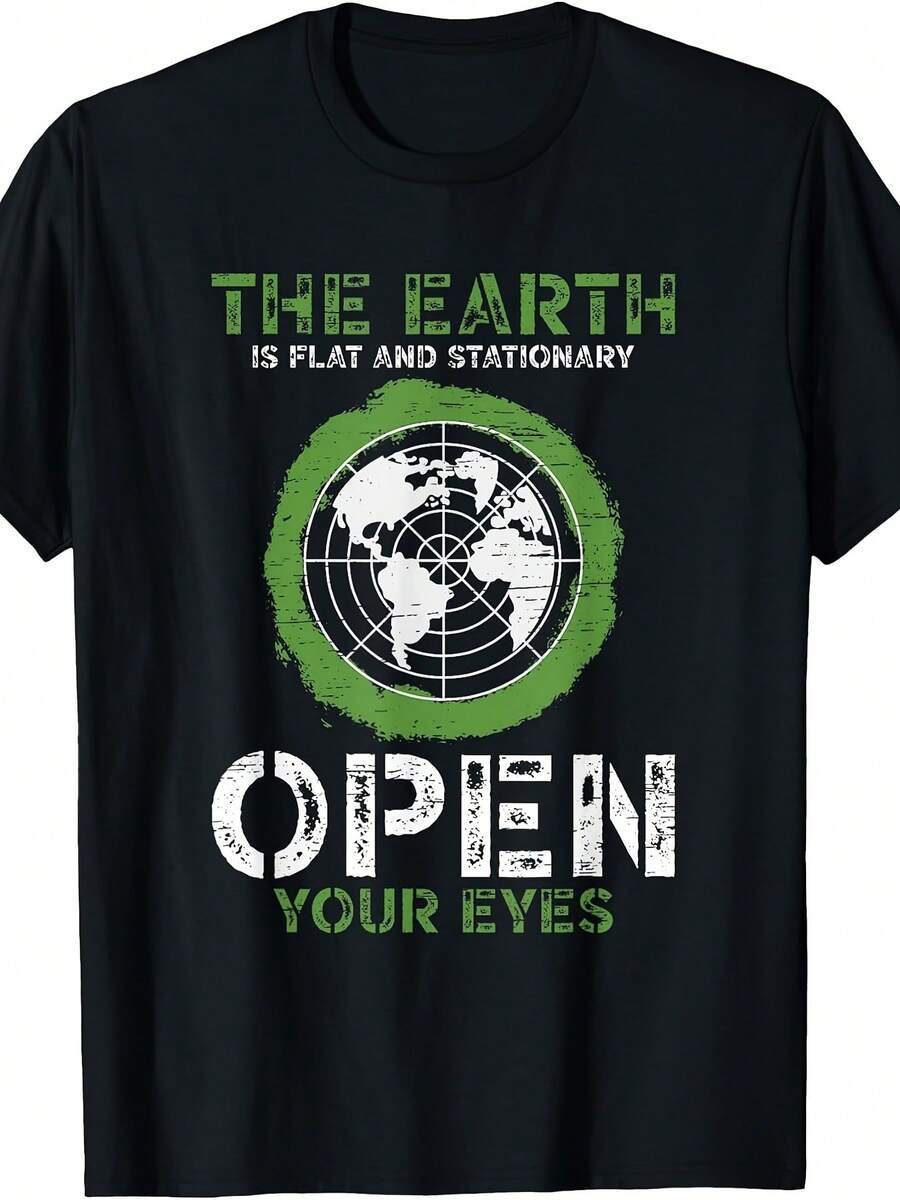 Esta camiseta presenta un diseño que afirma que la Tierra es plana y estática, adecuada tanto para hombres como para mujeres, perfecta para el verano de 2025, con mangas cortas y hecha de tela pura de 220 gramos. - Negro - Ver 1