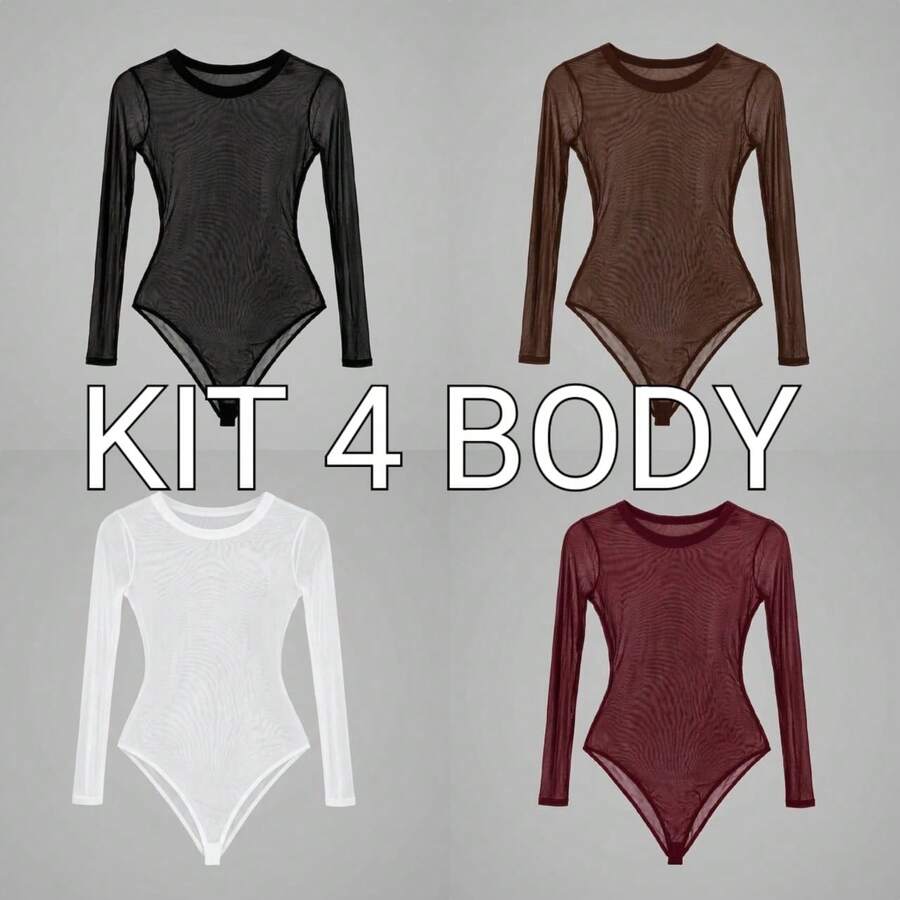 Basic Tulle Bodysuit With Long Sleeves - Fall/Winter 2025 Fashion - Black + Brown + Wine + White - View 1