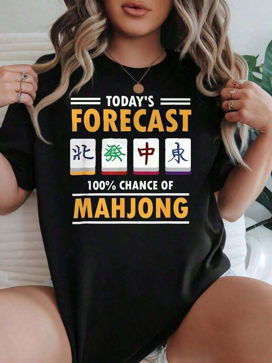 Camiseta de Mujer Casual con Cuello Redondo, Opciones en Blanco y Negro, Estampado Gráfico de Mahjong, Camisetas para Uso Diario, Tops de Verano, Camisetas Gráficas, Conjuntos de Verano para Mujer, Camisetas Cortas para Mujer, Tops Vintage de Algodón, Ropa Linda para Mujer, Tela Suave - Negro - Ver 1