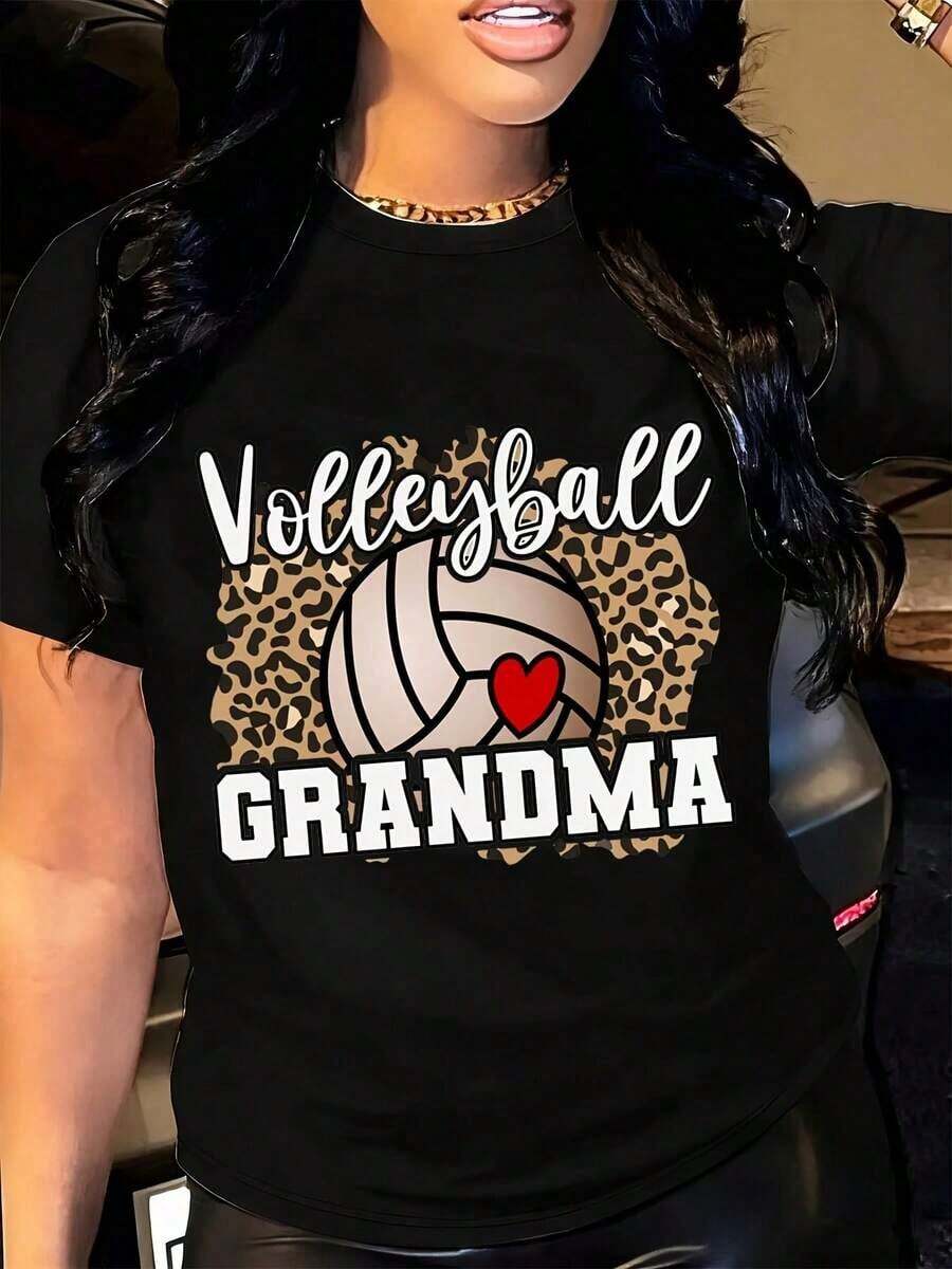 Comfortable For All-Day Wear. This Casual, Short-Sleeved, Crew-Neck T-Shirt With A Relaxed Fit Features A Leopard And Heart Print, Perfect For Volleyball-Loving Grandmothers, Sports Fans, And Family Gatherings. Its Comfortable, Relaxed Fit Flatters All Body Types, While The High-Quality Material Feels Soft Against The Skin And Offers Durability. - 黑色 - 查看 1