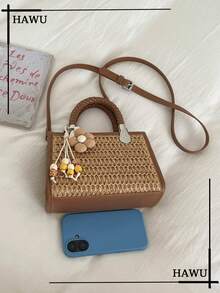 1 chiếc túi xách tay hình bán nguyệt rỗng, túi rơm thời trang đi biển, du lịch. - Màu Khaki - Xem 5