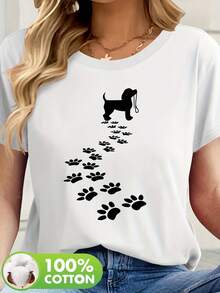 Camiseta Casual de Manga Corta para Mujer con Estampado de Silueta de Perro y Huella - Cuello Redondo en Rosa Suave, Ropa de Verano para Amantes de Mascotas, Lavable a Máquina, Ajuste Relajado, Tejido Transpirable - Negro - Ver 10