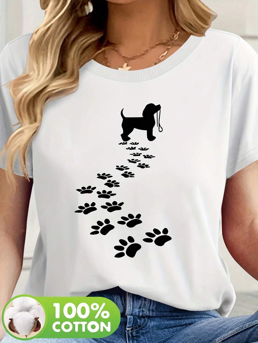 Women's Casual Short Sleeve T-Shirt With Dog Silhouette And Paw Print - Round Neck In Soft Pink, Summer Clothes For Pet Lovers, Machine Washable, Relaxed Fit, Breathable Fabric - [白色的] - 查看 1