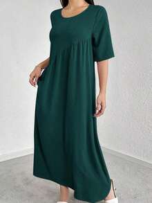 Vestido casual de fiesta con cuello redondo y plisado de unicolor, adecuado para el verano - Burdeos - Ver 11