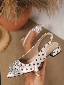 3cm Crystal Glass Button Suede Thick Heel Pumps, Comfortable Commuting Sandals For Women - Apricot - View 2
