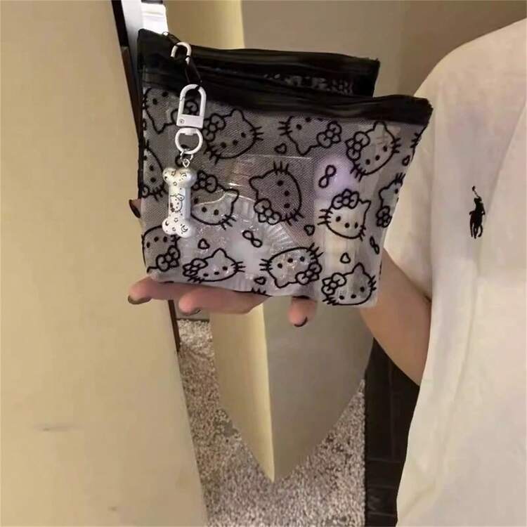 SANRIO Túi mỹ phẩm lưới Hello Kitty, túi đựng đồ trang điểm khóa kéo trong suốt dễ thương có mặt dây chuyền xương, túi đựng đồ trang điểm dung tích lớn, túi trang điểm chống ô nhiễm, túi đựng đồ vệ sinh cá nhân du lịch dễ thương cho bé gái và phụ nữ - Nhiều màu - Xem 4