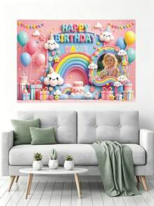 1件可客製化照片與姓名可愛彩虹雲生日派對背景布，氣球、蛋糕旗、禮物盒，個性化生日照片姓名設計，生日主題派對裝飾，攝影用乙烯基橫幅，派對用品 - 彩色 - 查看 6