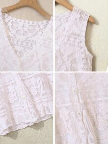 Top bohémien da spiaggia per vacanze senza maniche con scollo a V, pizzo, bottoni frontali e orlo a peplo smerlato - Copri-costume casual estivo - Bianco - Visualizzare 7