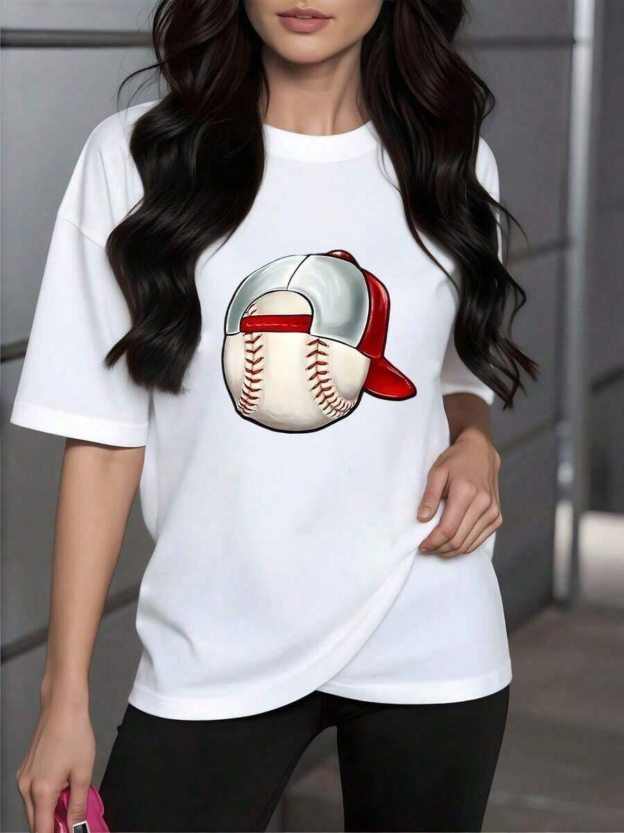 Image Of A Baseball With A Red And Gray Cap Symbolizing Sports Passion And Youthful Energy. Soft, 100% Cotton Women's T-Shirt, Casual And Comfortable For Everyday Wear. - 白色 - 查看 1