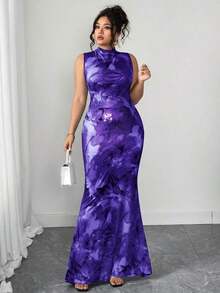 2025 Nuevo vestido midi elegante de cintura alta con estampado floral, cuello alto y sin mangas; Vestido midi de línea A con cintura ceñida y estampado floral; Vestido largo con volantes y estampado floral de estilo francés chic que estiliza la figura; Vestido de verano de estilo vacacional con cintura ceñida; Vestido de punto con estampado floral - Morado - Ver 4
