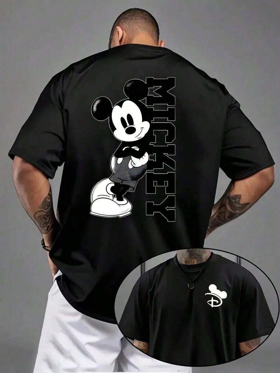 "Disney Authorized" New Disney Men's T-Shirt Made Of Pure Cotton, Mickey Mouse Cartoon Print, Disney Print, Crew Neck T-Shirt For Leisure And Comfort, Suitable For Sports And Everyday Wear, A Good Choice As A Gift And A Must-Have For Parties. - màu đen - Xem 1