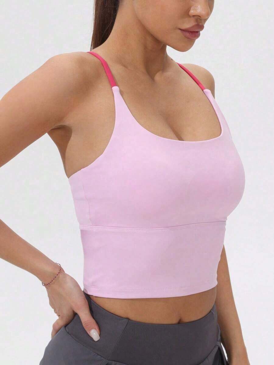 Women's Athletic T-Shirt With Fixed Padding, Color Contrast, Elastic, Summer Yoga Top - Diamond Pink - View 1