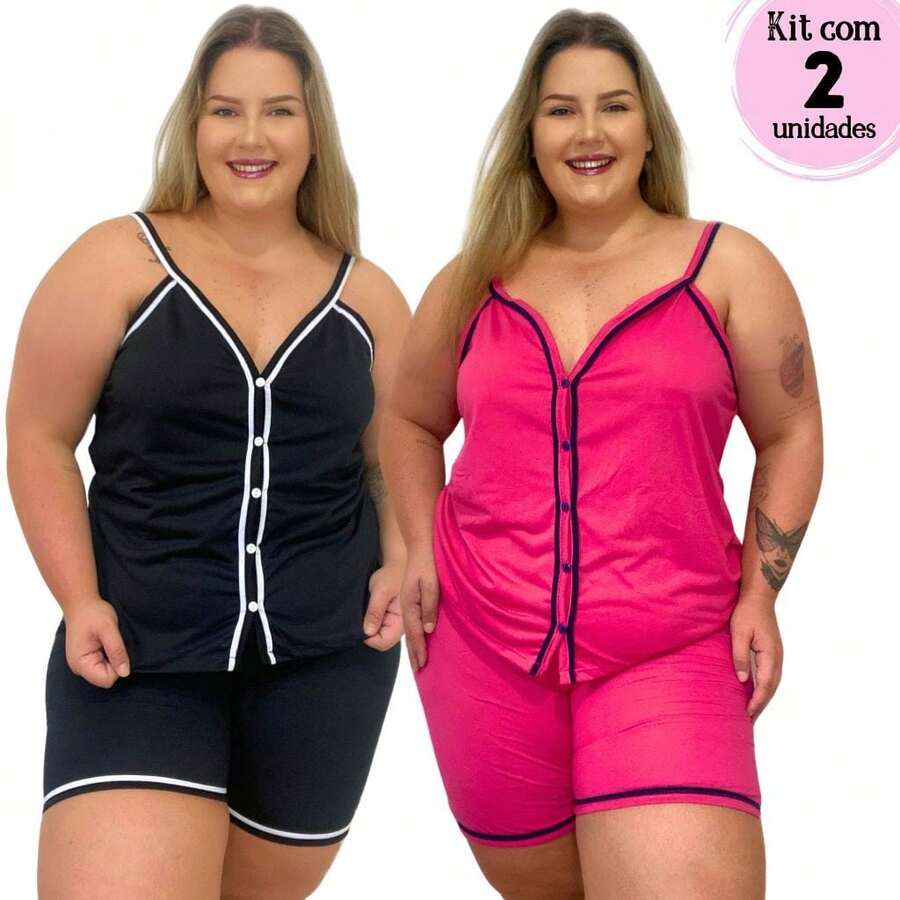Kit 2 Pijamas Feminino Plus Size Alcinha Amamentação com botões Cirurgico em Malha Cores Sortidas - 1pink + 1Preto - Visão 1