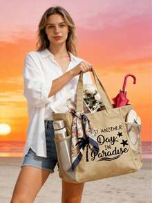 Set 1/2/3 buc. geantă tote Paradise Beach pentru femei, din in și pânză, cu capacitate mare, geantă de umăr cu buzunar de plasă, husă de machiaj și cutie cosmetică asortată, ușoară și reutilizabilă, cu imprimeu tropical de coastă, esențială pentru vacanță de vară, călătorii, croazieră, piscină, cumpărături și uz zilnic, cadou stilat pentru mame, fete, domnișoare de onoare și călători, pentru Ziua Mamei, aniversări, lună de miere și vacanțe de vară - Multicolor - View 3